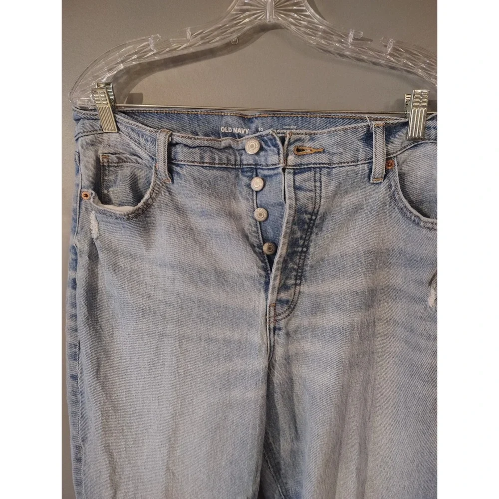 Old Navy High Rise Slouchy Straight Jeans Light Wash Distressed Patch Size 10